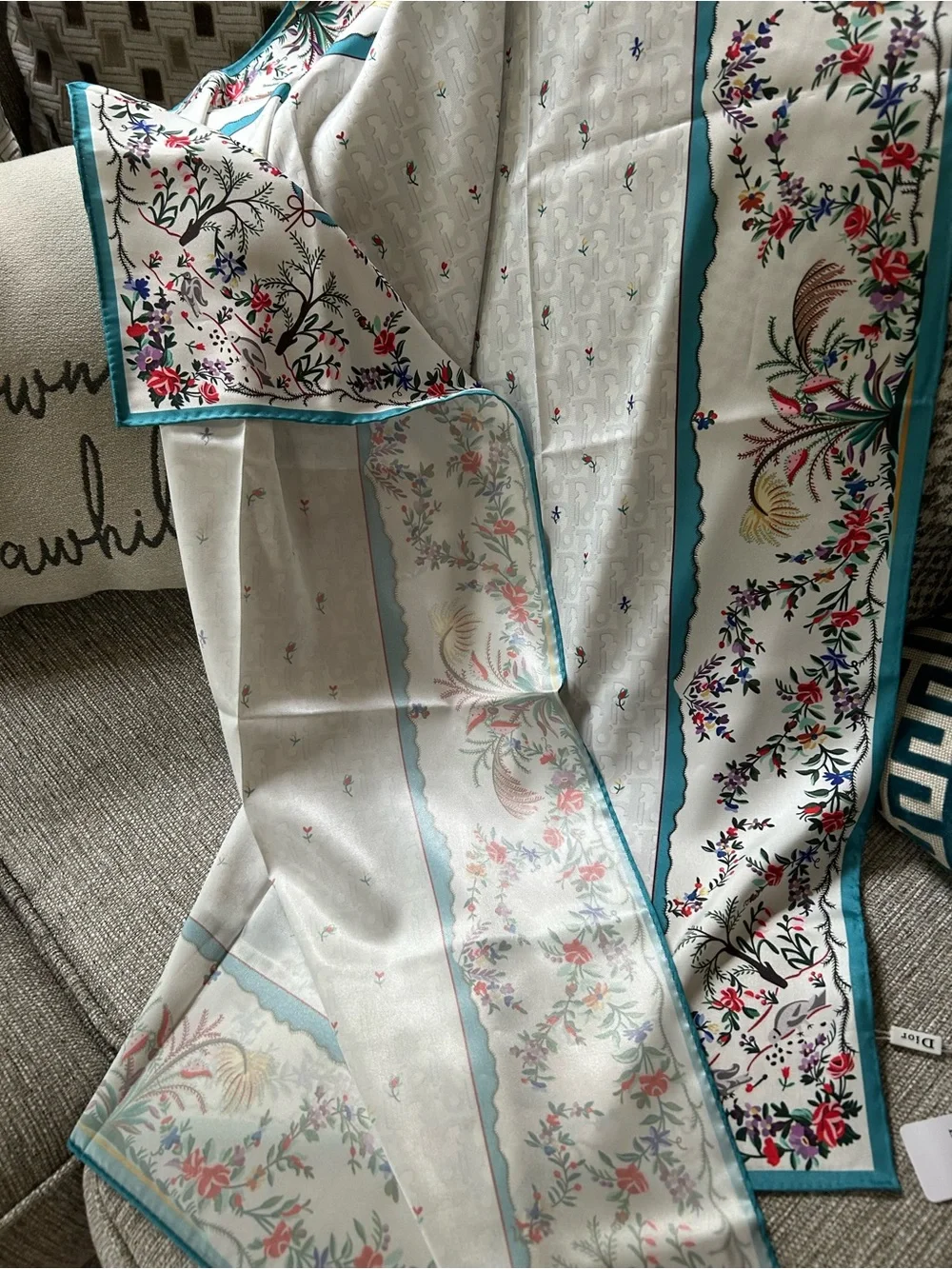 Dior Cream Silk Scarf with Teal Border and Floral Motifs